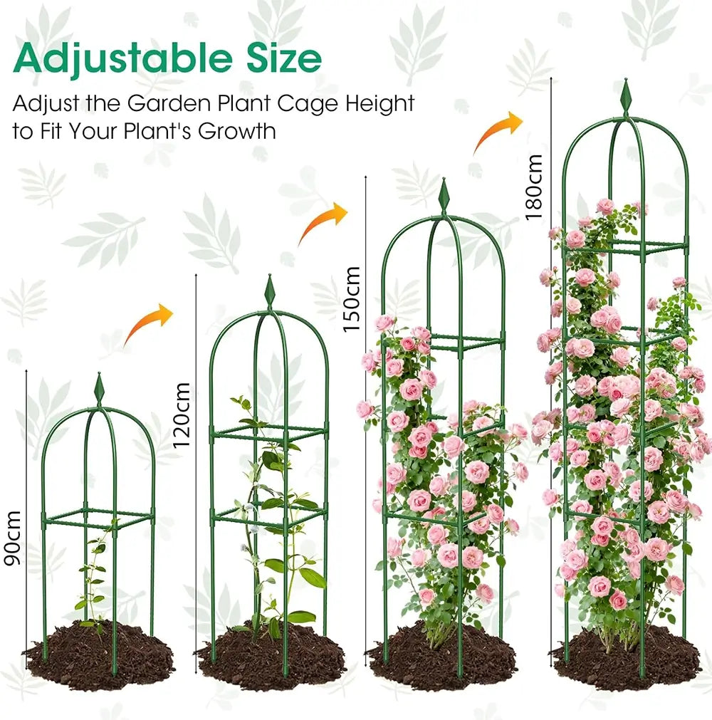 Garden plant cage with adjustable height shown in four stages, from 90cm to 180cm, with plants growing on it.