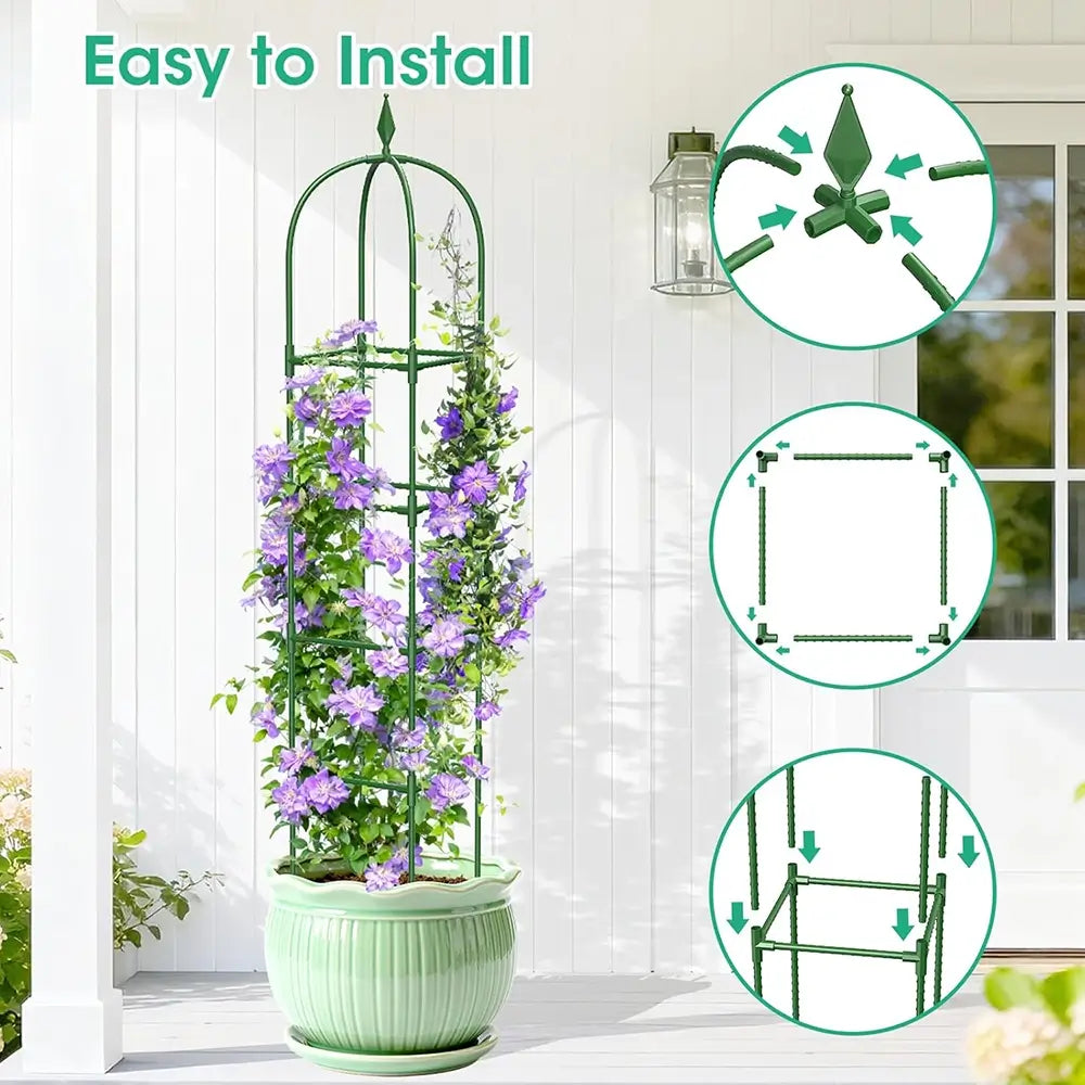 Green metal plant trellis with climbing plants, shown indoors.