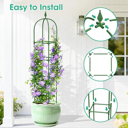 Green metal plant trellis with climbing plants, shown indoors.