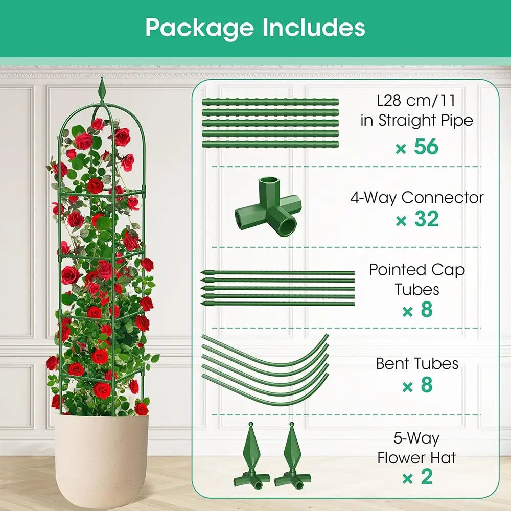 Garden trellis system with plant and package contents list on a white background