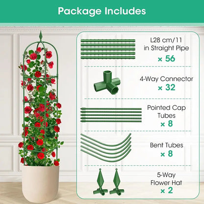 Garden trellis system with plant and package contents list on a white background
