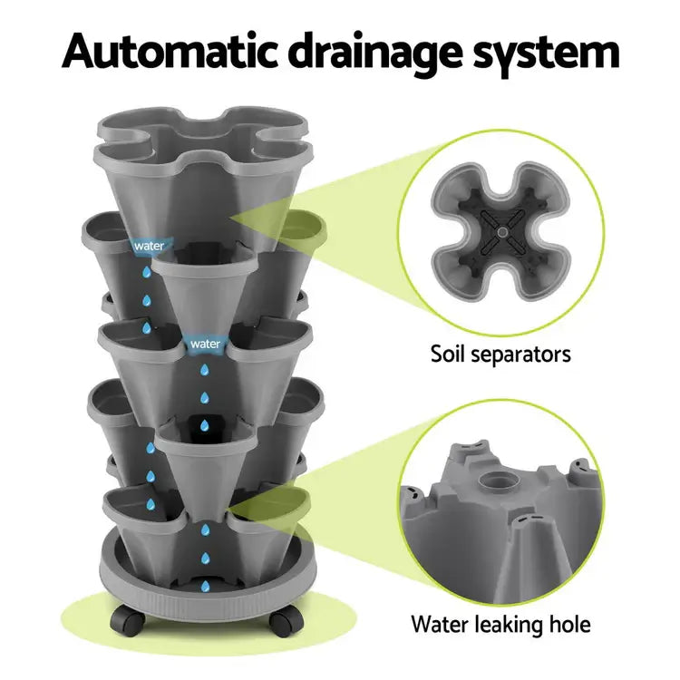 Gray vertical garden system with automatic drainage system features highlighted