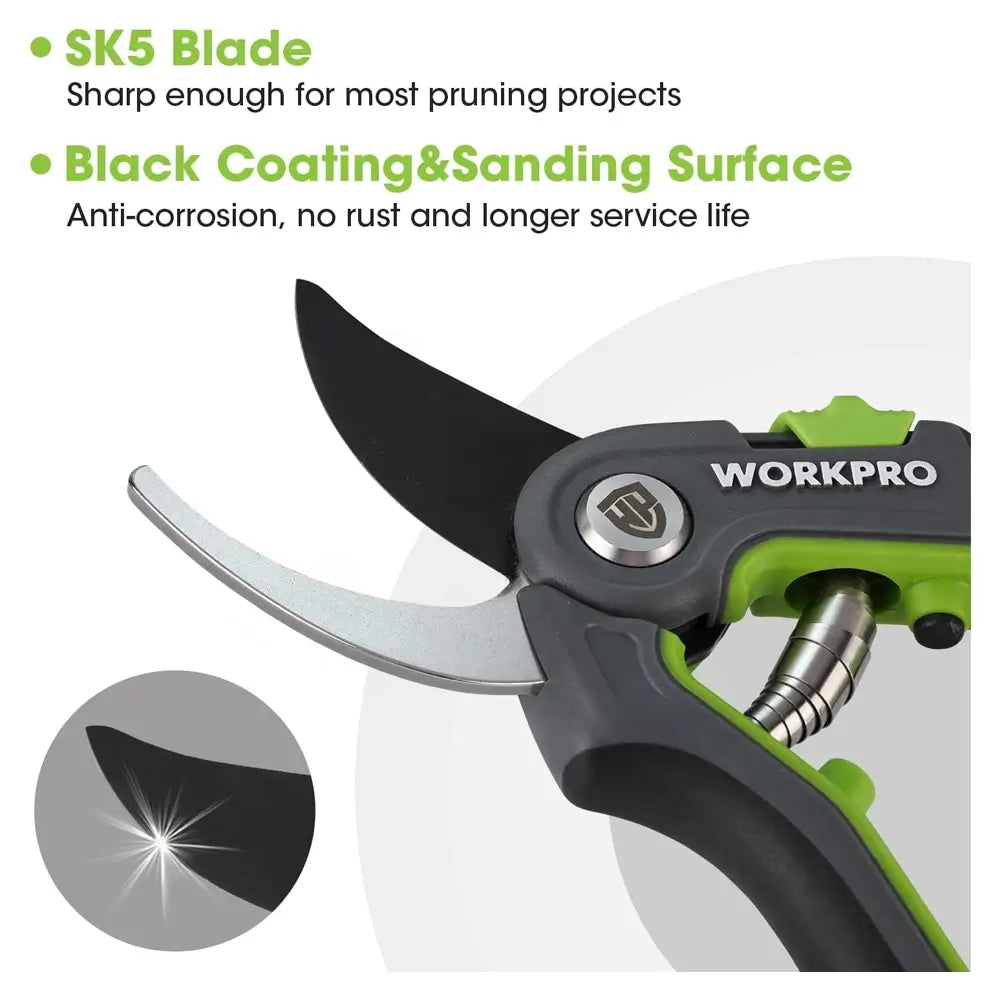Gardening shears with black coating and sanding surface, featuring WORKPRO branding.