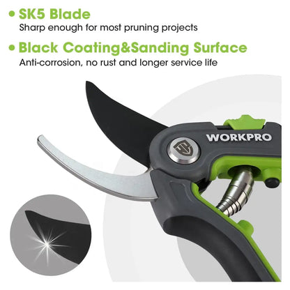 Gardening shears with black coating and sanding surface, featuring WORKPRO branding.