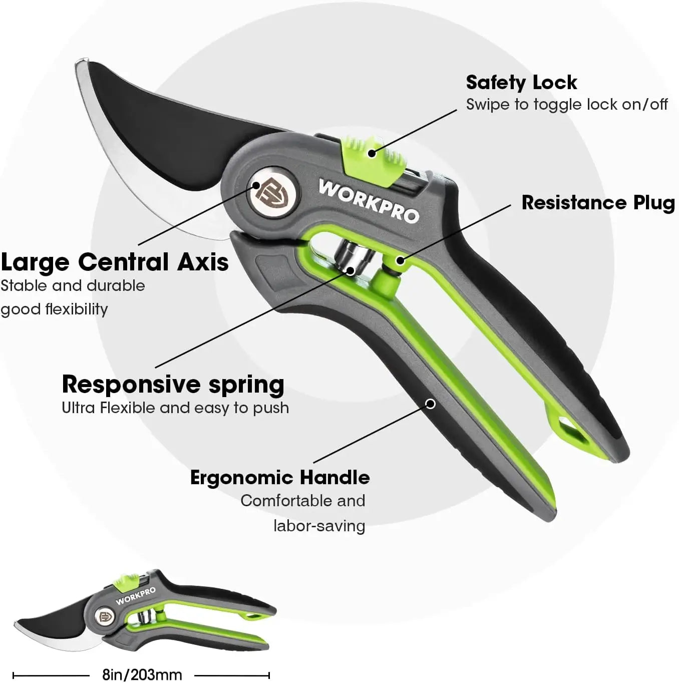 Gardening pruner with labeled features on a white background