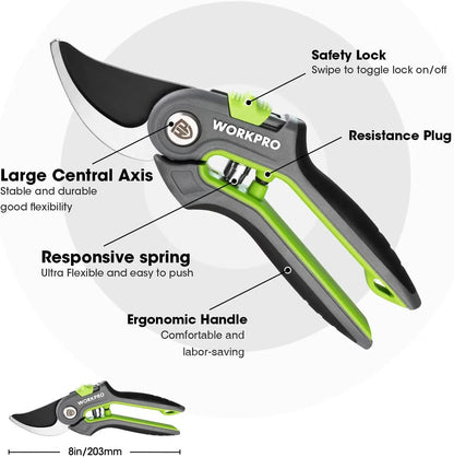 Gardening pruner with labeled features on a white background