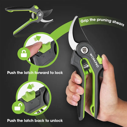 WorkPro pruning shears with lock mechanism illustration on a dark background