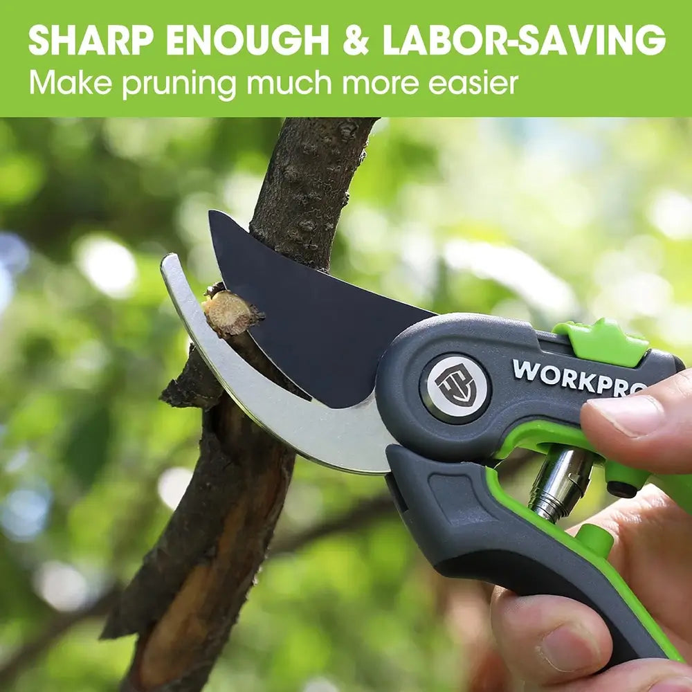 Tree pruner being used on a branch with 'WORKPRO' branding, set against a green background.