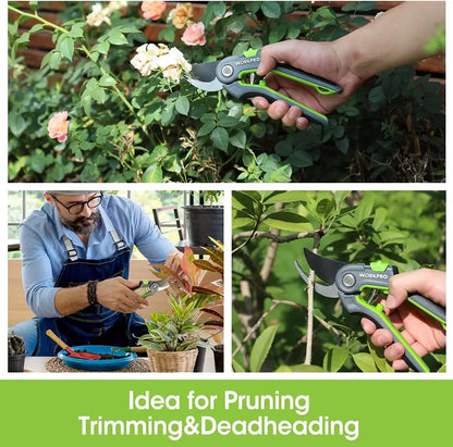 Collage of gardening activities with a person using pruners, including trimming and deadheading plants.