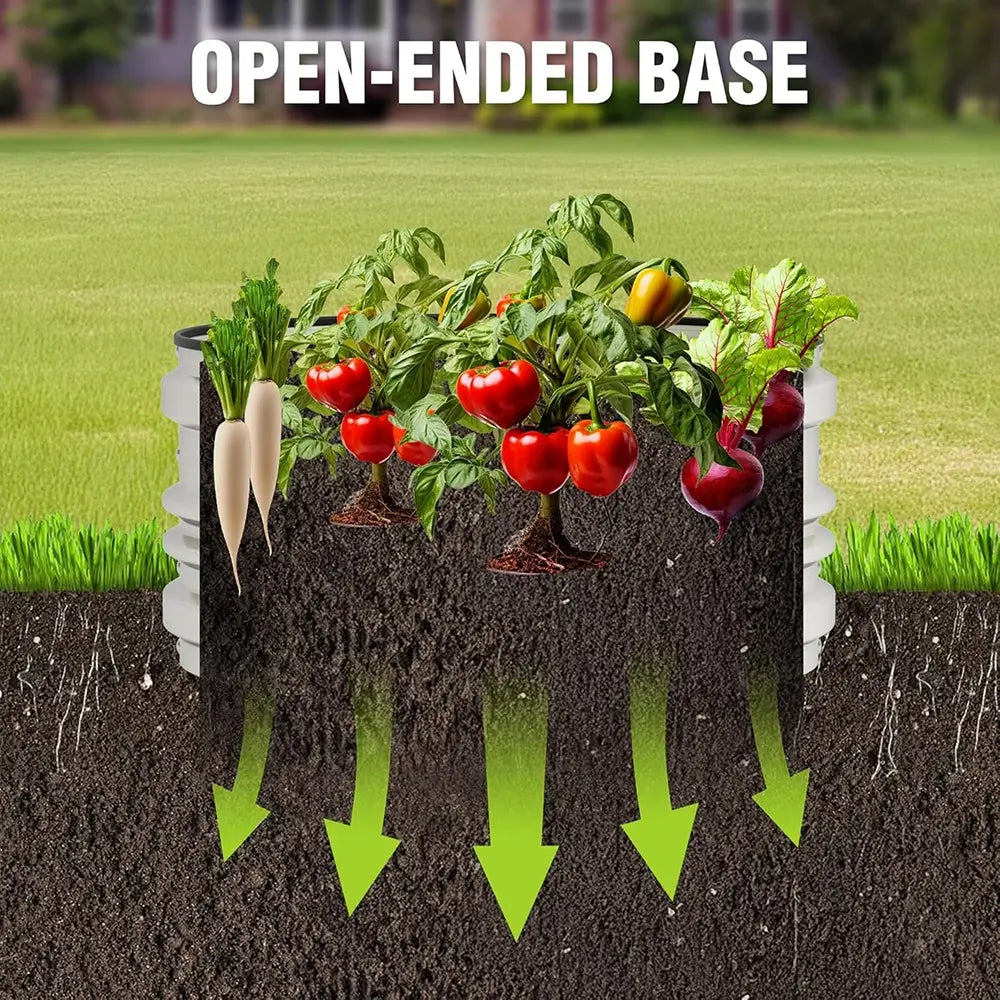 Garden bed with vegetables and text 'Open-Ended Base' on a grassy background
