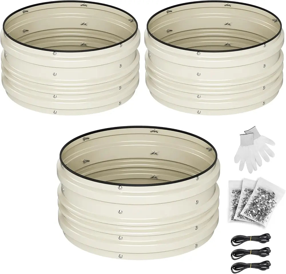 Three white metal planters with additional components on a white background