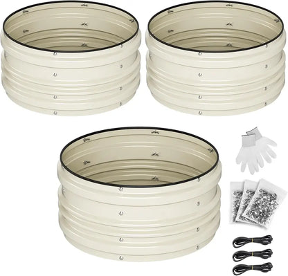 Three white metal planters with additional components on a white background
