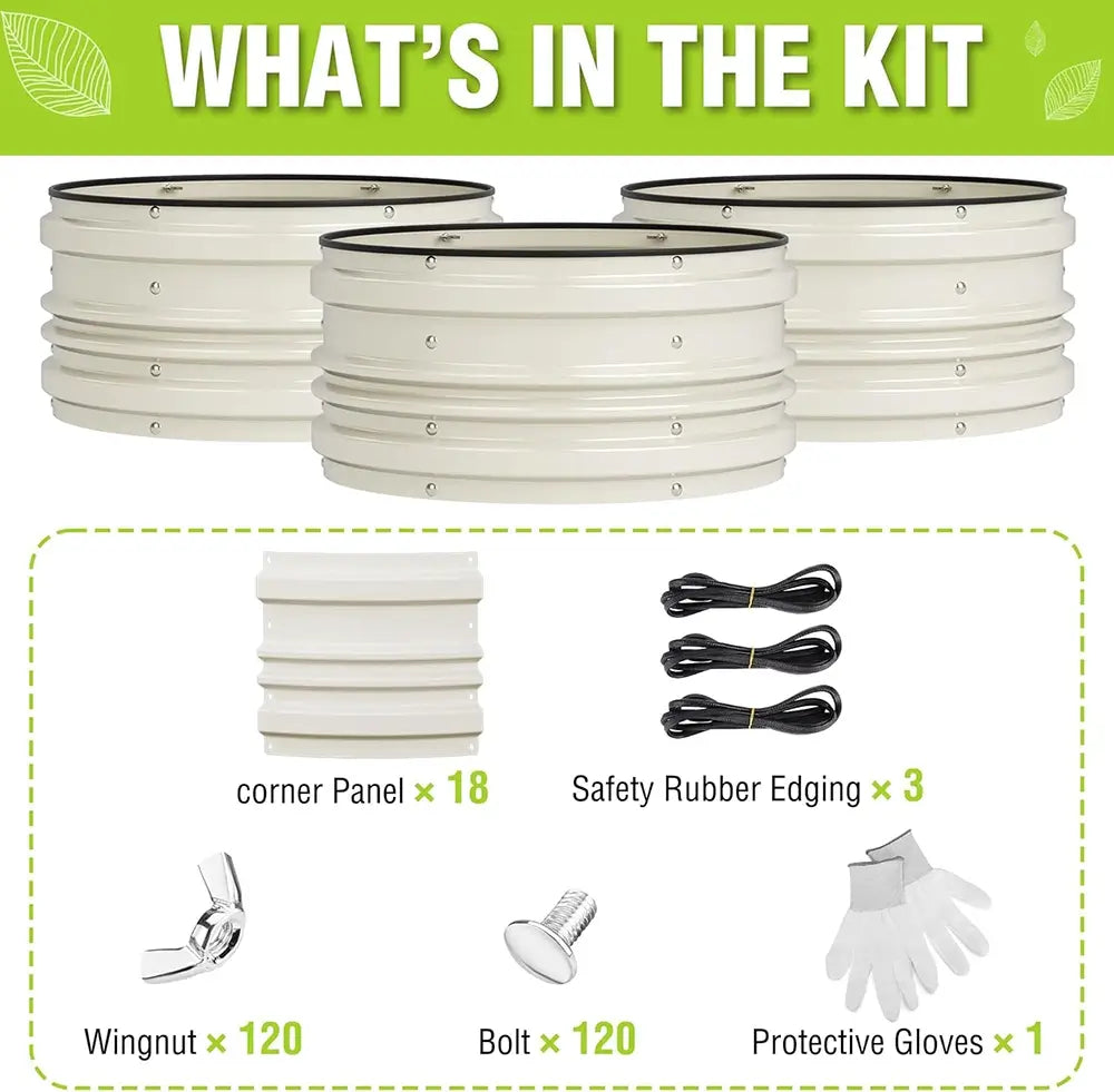 Garden kit components including corner panels, safety rubber edging, wingnuts, bolts, and protective gloves on a white background.