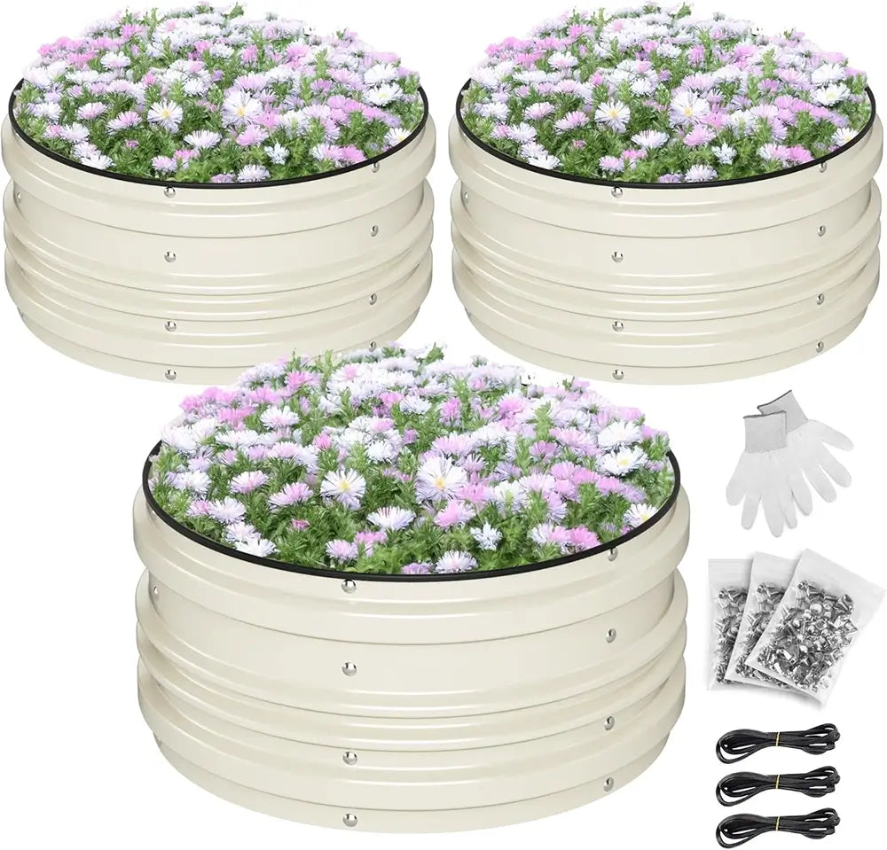 Three round beige raised garden beds with plants, gloves, and tools on a white background from our Outdoor Gardening Essentials collection 