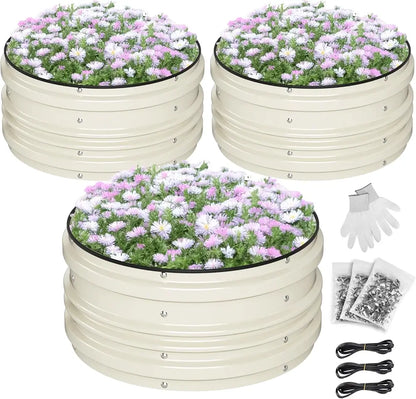 Three round beige raised garden beds with plants, gloves, and tools on a white background from our Outdoor Gardening Essentials collection 
