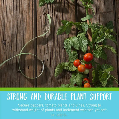 Tomato plants with fruits against a wooden background, featuring text about plant support.