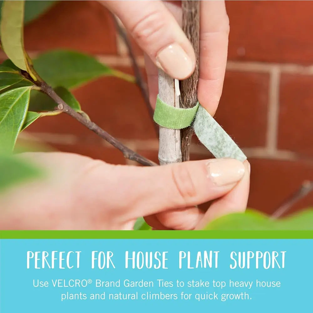 Person using green garden tape to support a plant with text about VELCRO Brand Garden Ties.