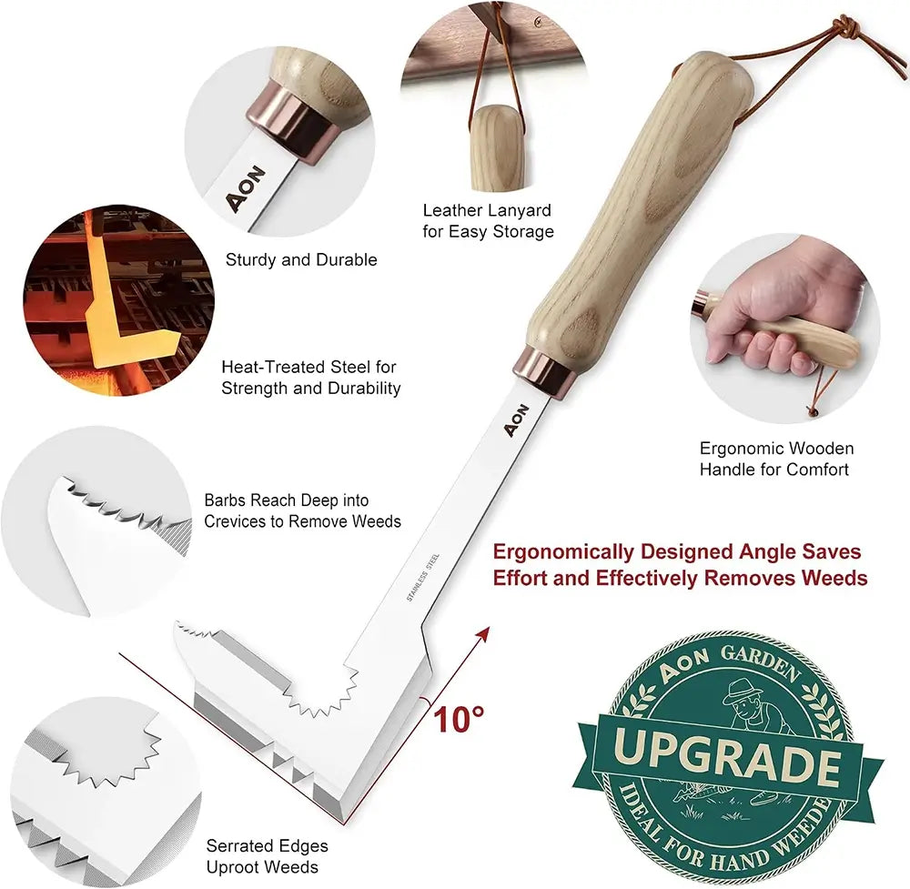L-shaped crevice weeder with prongs for removing weeds from cracks