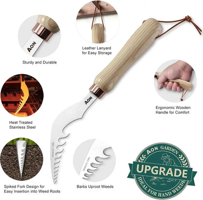 Curved-tip hand weeder prongs for lifting dandelions and thistles by the root