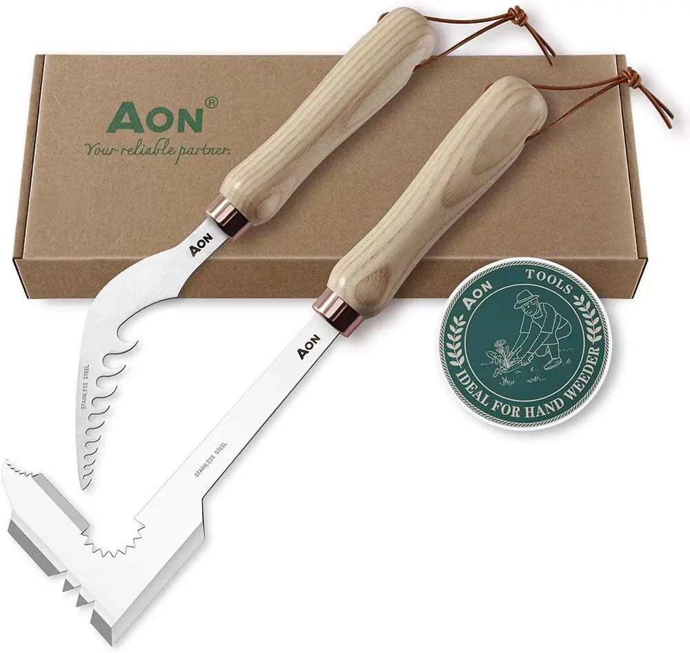 aon crack weeder and curved-tip root remover with ash wood handles on their box