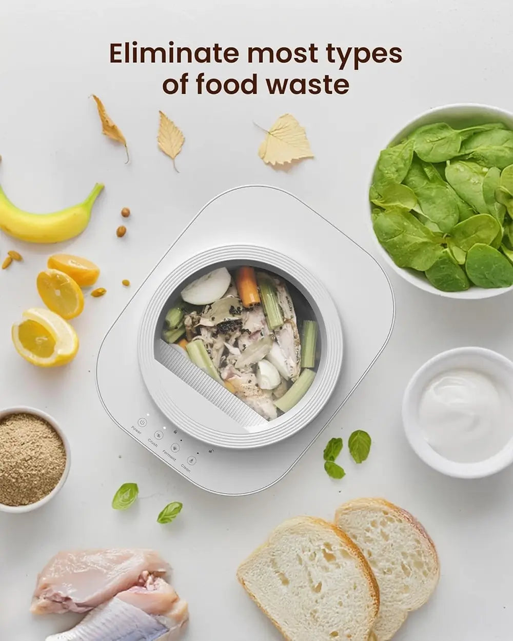 Food waste disposal device with various food items on a light background