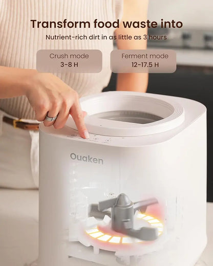 Ouaken device for transforming food waste into nutrient-rich dirt with text on modes and durations.