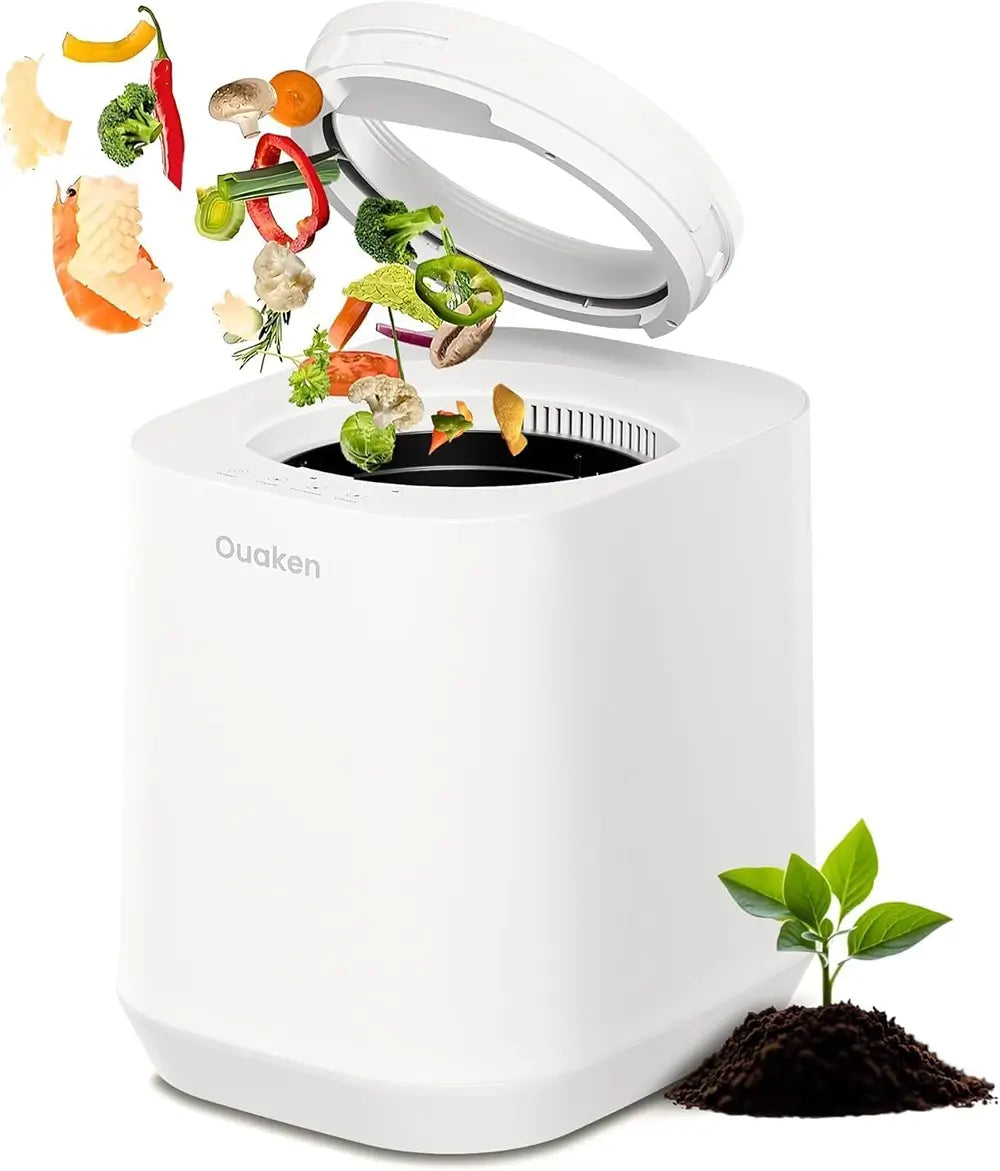 White kitchen compost bin with food waste being composted, featuring the brand 'Quaken' from our Indoor Garden Kit Essentials collection 