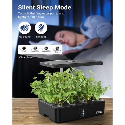 Smart garden system with plants on a wooden surface, featuring 'Silent Sleep Mode' text and icons.