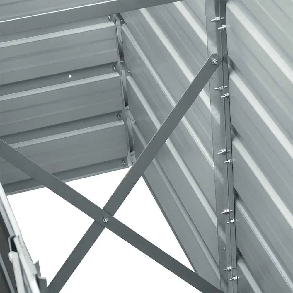 Metal roof structure with corrugated panels and cross beams on a white background