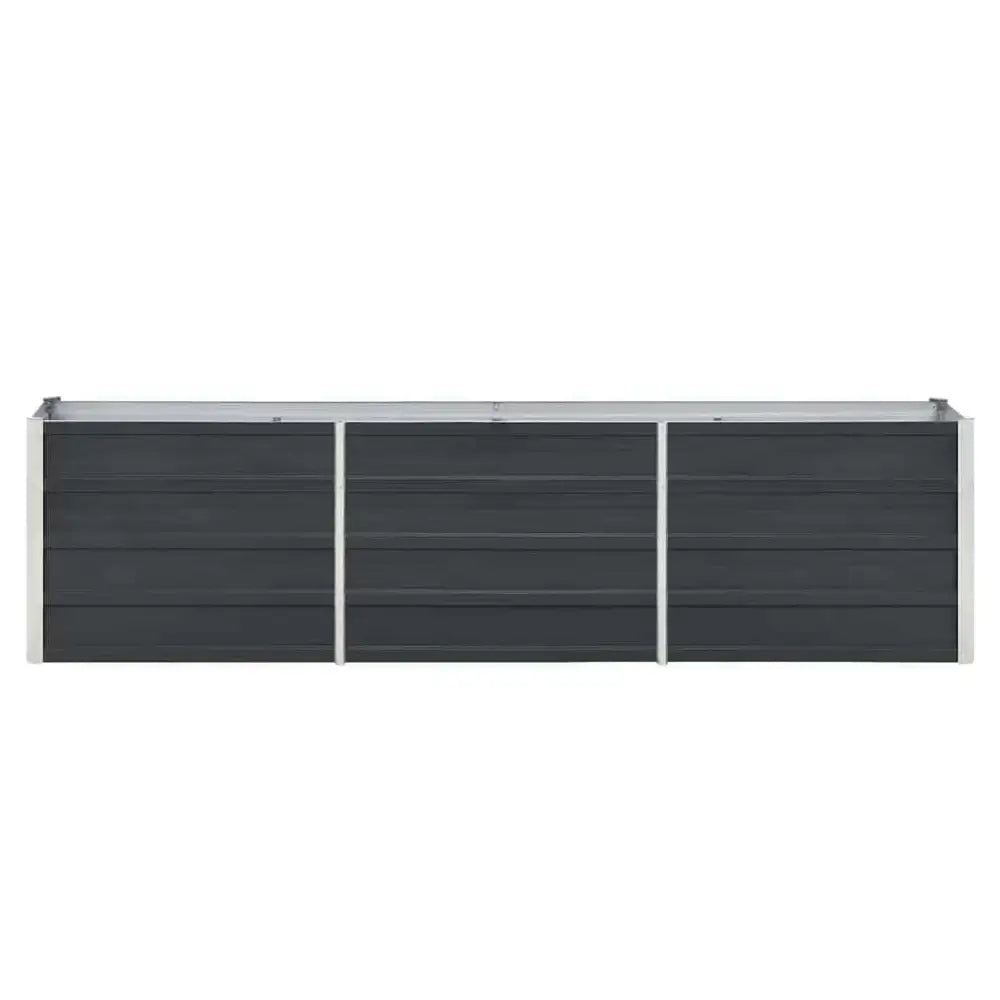 A modern three-panel outdoor fence with dark gray wood-look horizontal slats and a silver metal frame, shown against a plain white background.