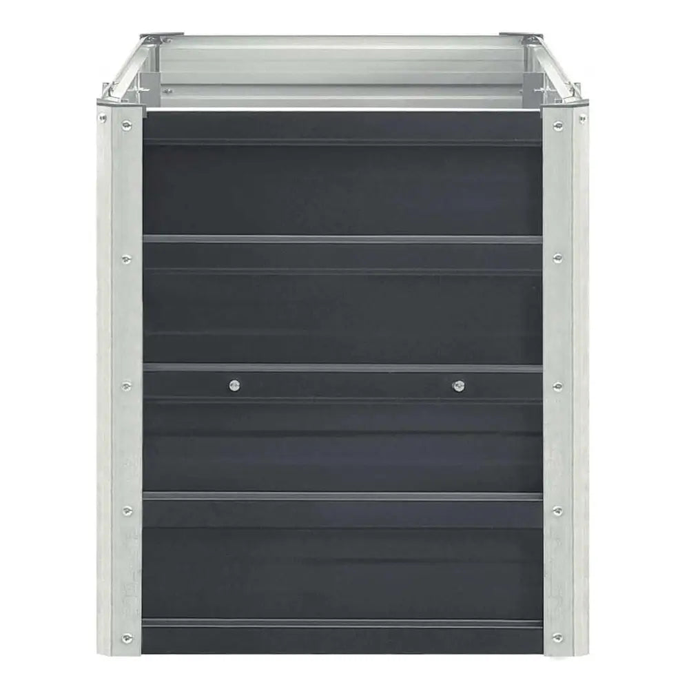 A silver aluminum utility storage container with four dark gray shelves, shown from a front angle on a white background.