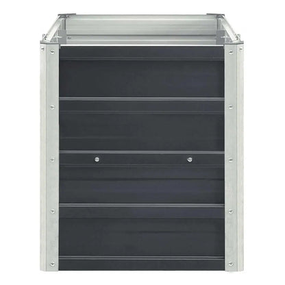 A silver aluminum utility storage container with four dark gray shelves, shown from a front angle on a white background.