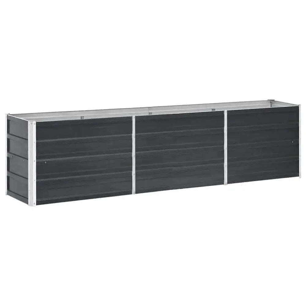 Long rectangular planter box with dark gray panels and a silver frame on a white background