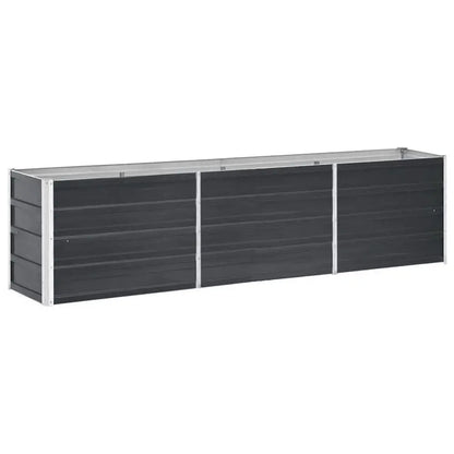 Long rectangular planter box with dark gray panels and a silver frame on a white background
